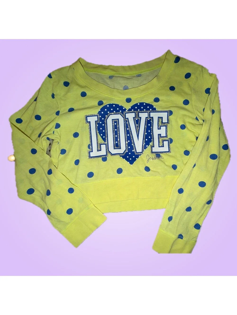 Justice Yellow Blue Polka Dot Love Graphic Cropped Sweatshirt No Size